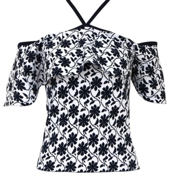Club Monaco Knit Navy White Floral Blouse Ruffle Top Front Bow Detail Medium - Picture 14 of 14